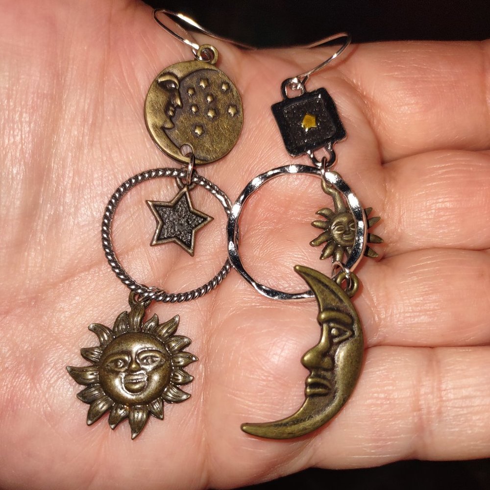 Dangling earrings - suns, moons and stars in brass